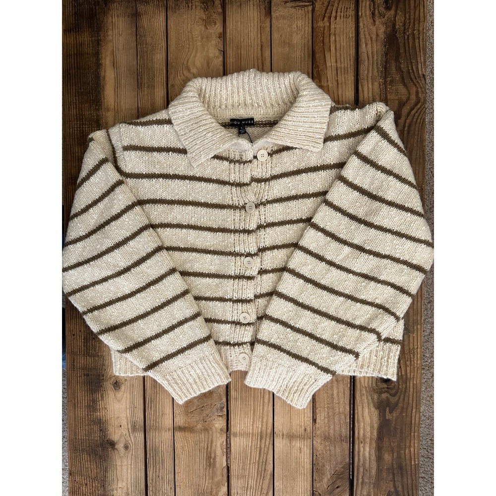 Miou Muse Striped Collared Cardigan Sweater Cream Green Button Up Womens L